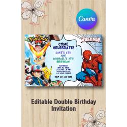 Twin Pokémon and  Spiderman Invitation | Canva Template